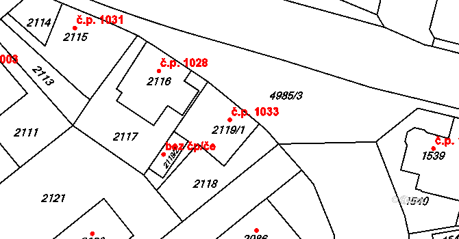 Louny 1033 na parcele st. 2119/1 v KÚ Louny, Katastrální mapa