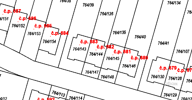 Štěnovice 682 na parcele st. 764/144 v KÚ Štěnovice, Katastrální mapa