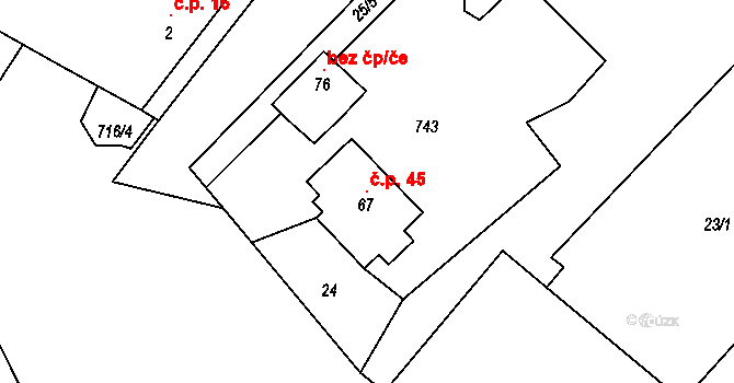Veselá 45, Sedletín na parcele st. 67 v KÚ Veselá u Sedletína, Katastrální mapa