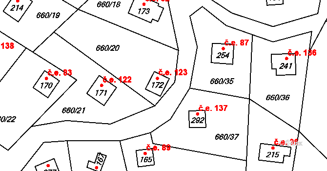 Čeřenice 123, Sázava na parcele st. 172 v KÚ Čeřenice, Katastrální mapa
