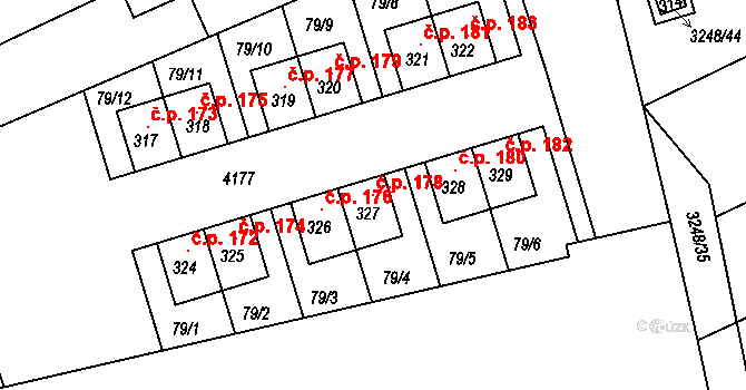 Kozlany 178 na parcele st. 327 v KÚ Kozlany u Vyškova, Katastrální mapa
