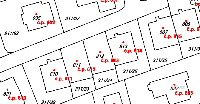 Horoměřice 613 na parcele st. 812 v KÚ Horoměřice, Katastrální mapa