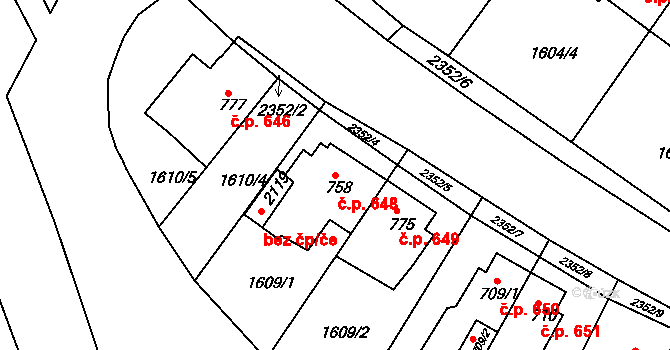 Tišnov 648 na parcele st. 758 v KÚ Tišnov, Katastrální mapa