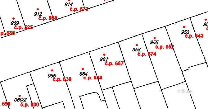 Lužice 667 na parcele st. 961 v KÚ Lužice u Hodonína, Katastrální mapa