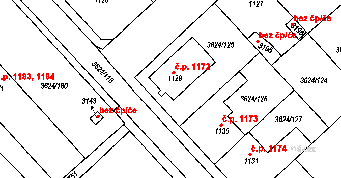 Veselí nad Moravou 1172 na parcele st. 1129 v KÚ Veselí-Předměstí, Katastrální mapa