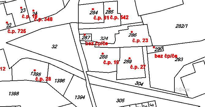 Švermov 19, Kladno na parcele st. 288 v KÚ Motyčín, Katastrální mapa