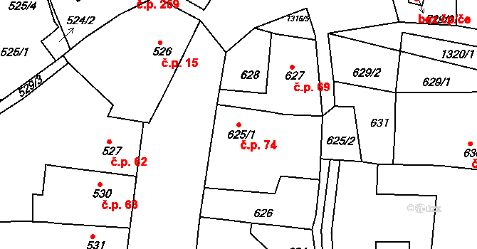 Tuchlovice 74 na parcele st. 625/1 v KÚ Tuchlovice, Katastrální mapa