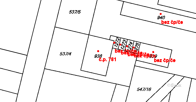 Libochovice 781 na parcele st. 938 v KÚ Libochovice, Katastrální mapa