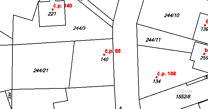 Kladeruby 85 na parcele st. 140 v KÚ Kladeruby, Katastrální mapa