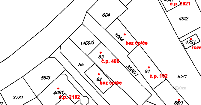Rožnov pod Radhoštěm 485 na parcele st. 63 v KÚ Rožnov pod Radhoštěm, Katastrální mapa