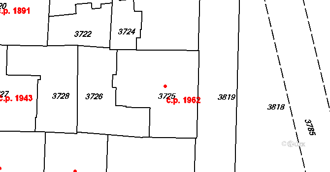 Černá Pole 1962, Brno na parcele st. 3725 v KÚ Černá Pole, Katastrální mapa
