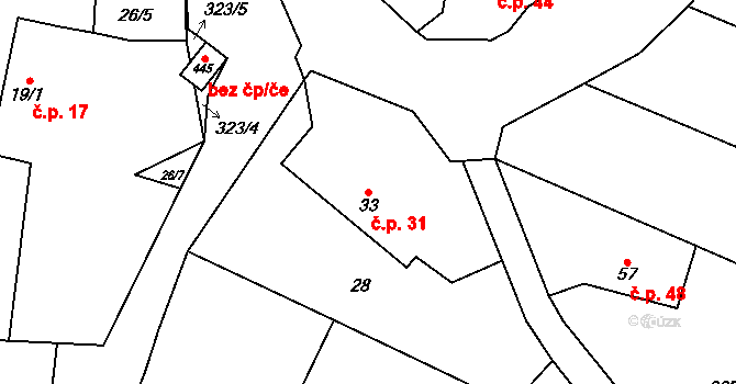 Račice 31 na parcele st. 33 v KÚ Račice nad Berounkou, Katastrální mapa