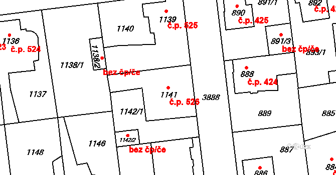 Horní Počernice 526, Praha na parcele st. 1141 v KÚ Horní Počernice, Katastrální mapa