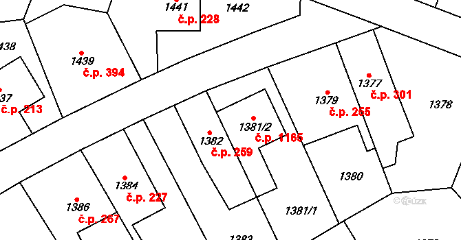 Stodůlky 1165, Praha na parcele st. 1381/2 v KÚ Stodůlky, Katastrální mapa