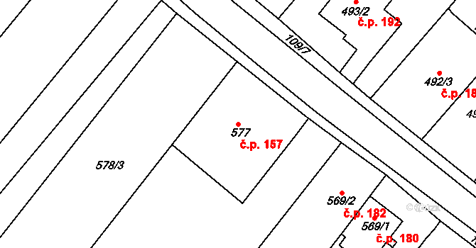 Královopolské Vážany 157, Rousínov na parcele st. 577 v KÚ Královopolské Vážany, Katastrální mapa