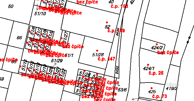 Doudlevce 147, Plzeň na parcele st. 51/28 v KÚ Doudlevce, Katastrální mapa