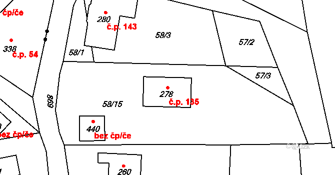Tři Sekery 135 na parcele st. 278 v KÚ Tři Sekery u Kynžvartu, Katastrální mapa