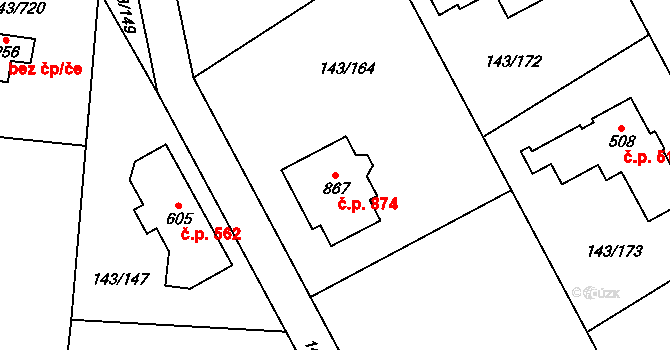 Jesenice 874 na parcele st. 867 v KÚ Jesenice u Prahy, Katastrální mapa