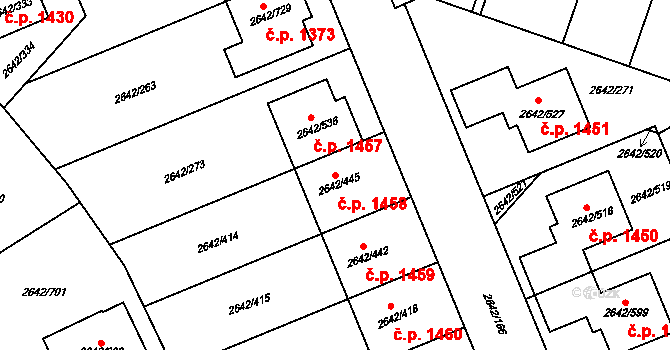 Kuřim 1458 na parcele st. 2642/445 v KÚ Kuřim, Katastrální mapa