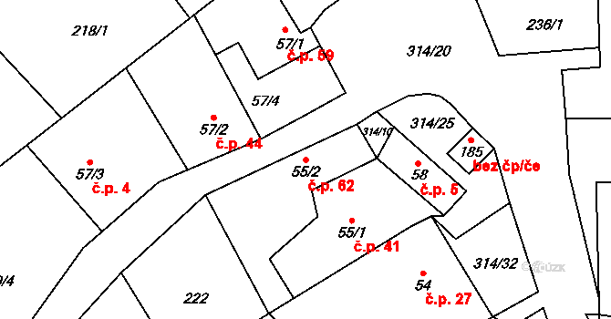 Bukovinka 62 na parcele st. 55/2 v KÚ Bukovinka, Katastrální mapa