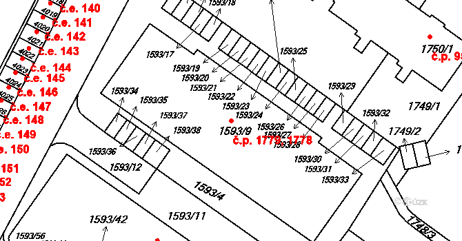 Kuřim 1778,1779 na parcele st. 1593/9 v KÚ Kuřim, Katastrální mapa
