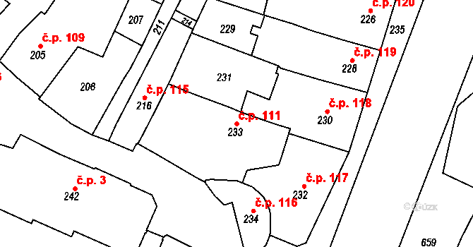 Jemnice 111 na parcele st. 233 v KÚ Jemnice, Katastrální mapa