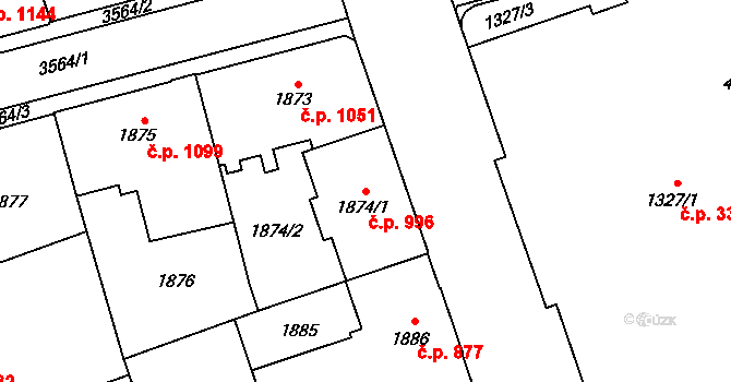 Moravská Ostrava 996, Ostrava na parcele st. 1874/1 v KÚ Moravská Ostrava, Katastrální mapa