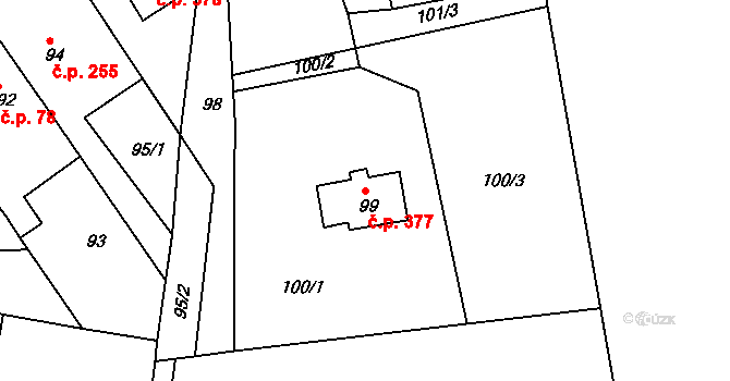 Štípa 377, Zlín na parcele st. 99 v KÚ Štípa, Katastrální mapa