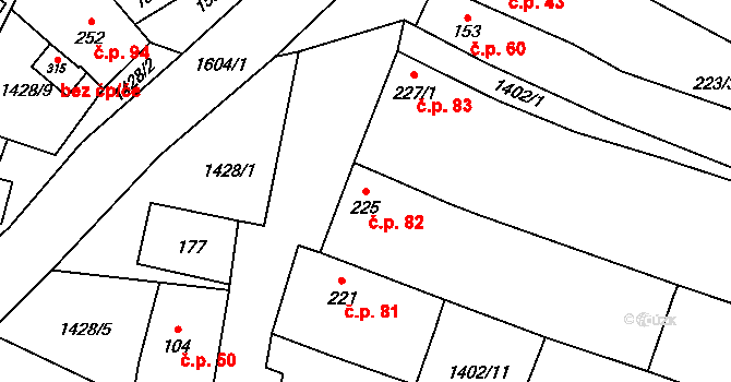 Lhotka 82, Hradčovice na parcele st. 225 v KÚ Lhotka u Hradčovic, Katastrální mapa