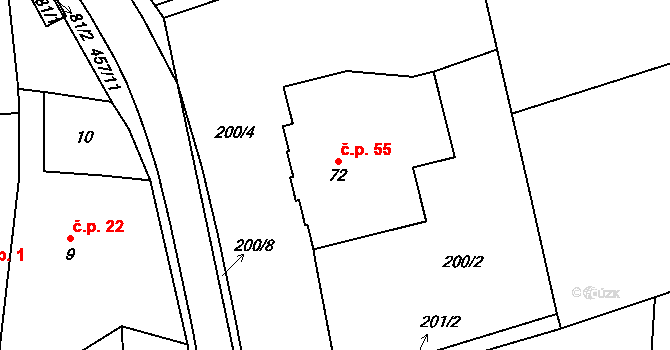 Hlína 55, Horka na parcele st. 72 v KÚ Hlína, Katastrální mapa