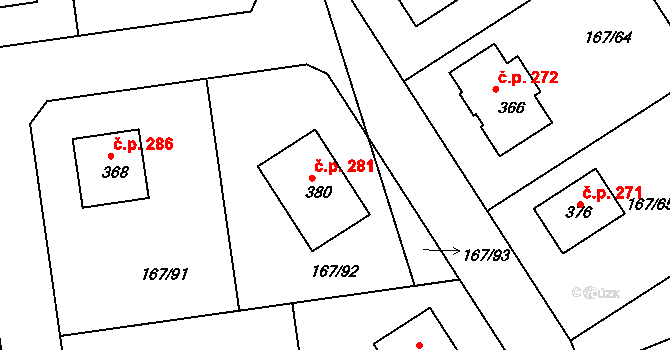 Všechlapy 281 na parcele st. 380 v KÚ Všechlapy u Nymburka, Katastrální mapa