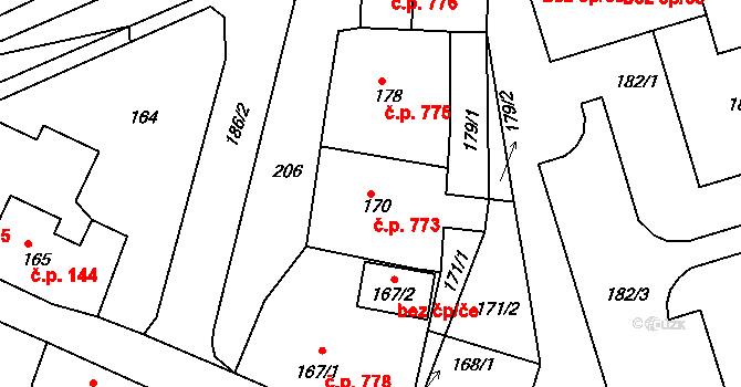 Odry 773 na parcele st. 170 v KÚ Odry, Katastrální mapa