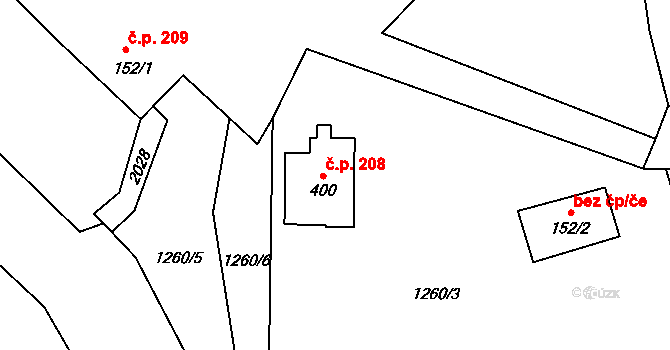 Debřece 208, Skuhrov nad Bělou na parcele st. 400 v KÚ Skuhrov nad Bělou, Katastrální mapa