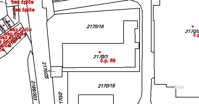 Dobruška 69 na parcele st. 2170/3 v KÚ Dobruška, Katastrální mapa