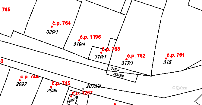 Miroslav 763 na parcele st. 319/1 v KÚ Miroslav, Katastrální mapa