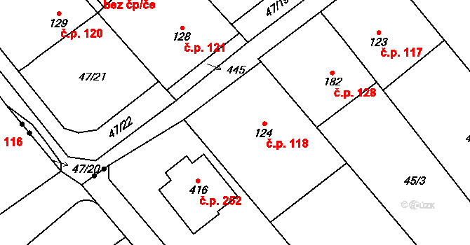 Přerov XI-Vinary 118, Přerov na parcele st. 124 v KÚ Vinary u Přerova, Katastrální mapa