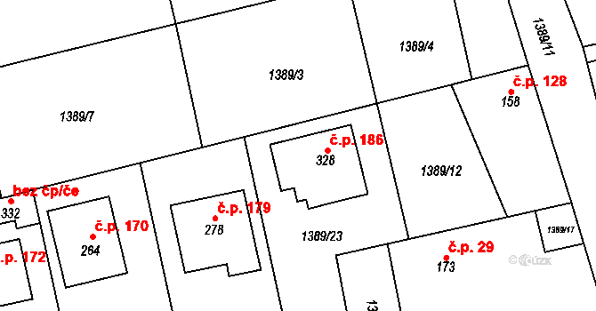 Neumětely 186 na parcele st. 328 v KÚ Neumětely, Katastrální mapa
