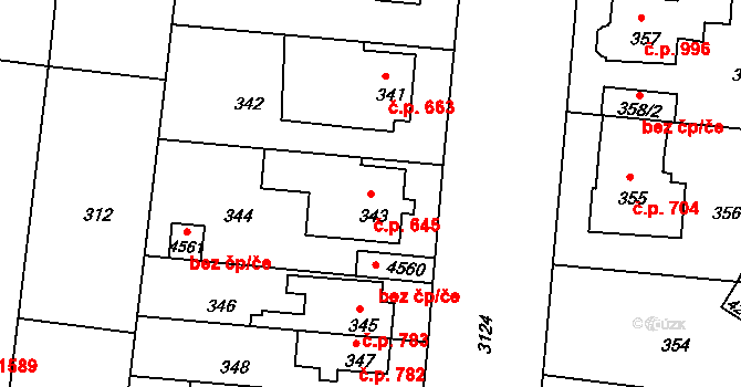 Čelákovice 645 na parcele st. 343 v KÚ Čelákovice, Katastrální mapa
