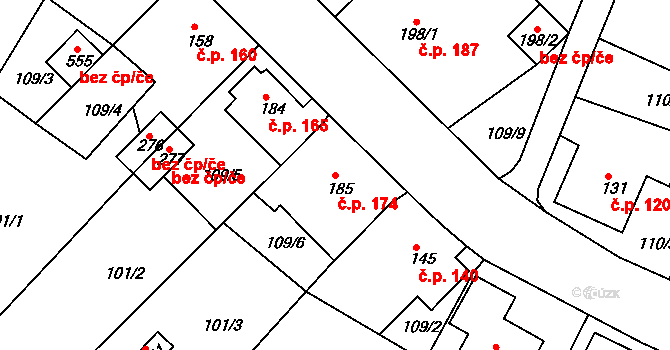 Horní Lomany 174, Františkovy Lázně na parcele st. 185 v KÚ Horní Lomany, Katastrální mapa