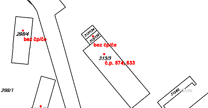 Vyškov-Předměstí 574,633, Vyškov na parcele st. 313/3 v KÚ Vyškov, Katastrální mapa