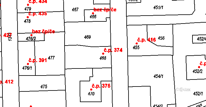 Tuchlovice 374 na parcele st. 468 v KÚ Tuchlovice, Katastrální mapa
