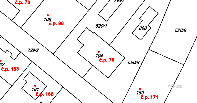 Černožice 75 na parcele st. 104 v KÚ Černožice nad Labem, Katastrální mapa