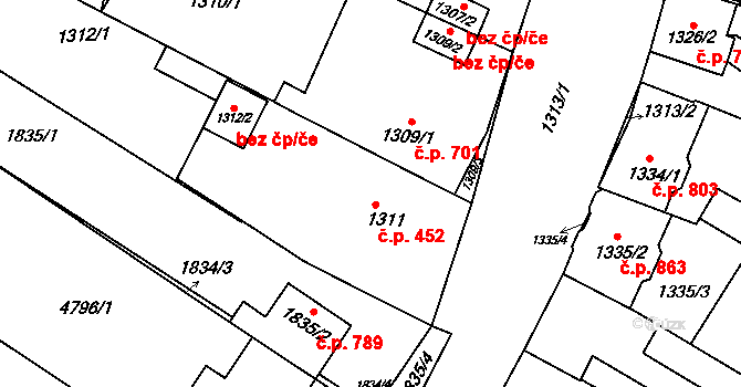 Tuřany 452, Brno na parcele st. 1311 v KÚ Tuřany, Katastrální mapa