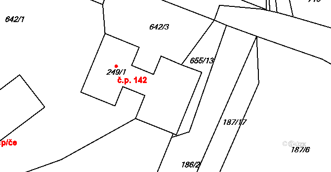 Bzí 142, Železný Brod na parcele st. 249/1 v KÚ Bzí u Železného Brodu, Katastrální mapa