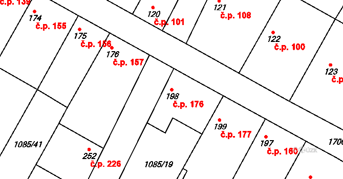 Čečelice 176 na parcele st. 198 v KÚ Čečelice, Katastrální mapa