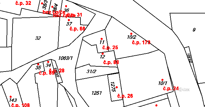 Veltrusy 88 na parcele st. 12 v KÚ Veltrusy, Katastrální mapa