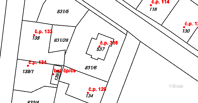 Kyšice 316 na parcele st. 537 v KÚ Kyšice u Plzně, Katastrální mapa