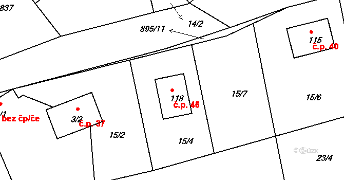 Jaronice 45, Dubné na parcele st. 118 v KÚ Jaronice, Katastrální mapa