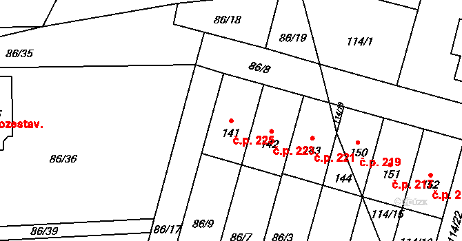 Dolní Bory 225, Bory na parcele st. 141 v KÚ Dolní Bory, Katastrální mapa