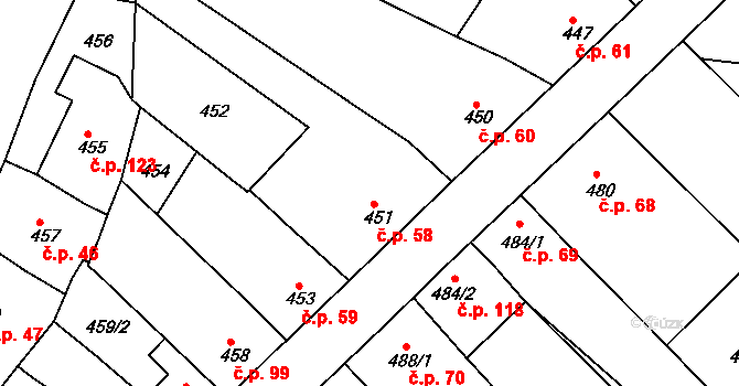 Vícemilice 58, Bučovice na parcele st. 451 v KÚ Vícemilice, Katastrální mapa